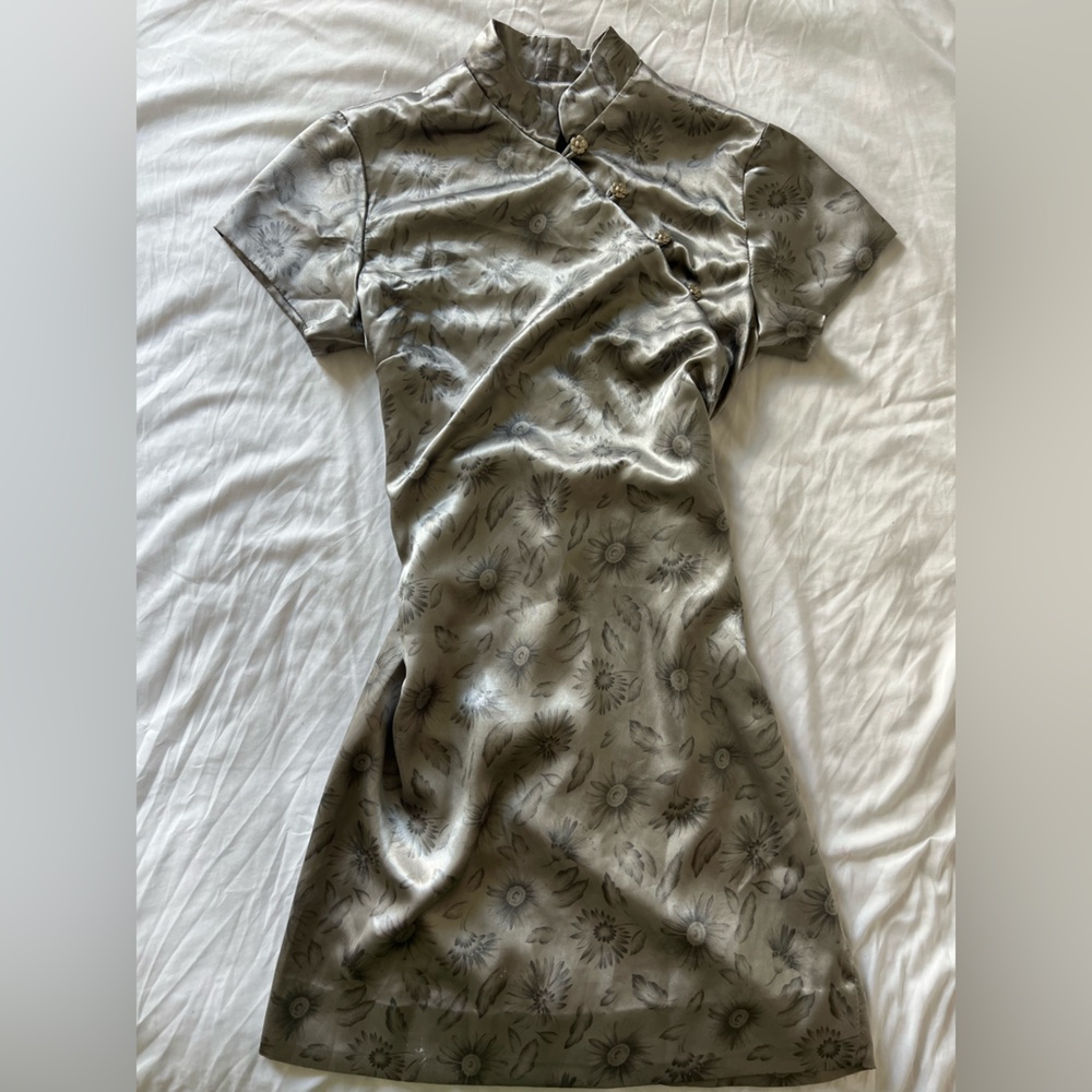 Satin Floral Slip Dress in Olive Green